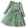 Girls Fashion Cute Long Sleeve Flower Embroidery Mesh Princess Dress Dresses