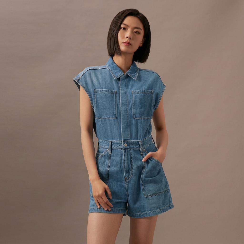 Calvin Klein Retro Style Waistless Sleeveless Denim Jumpsuit Women Jumpsuits Light-Blue J223960