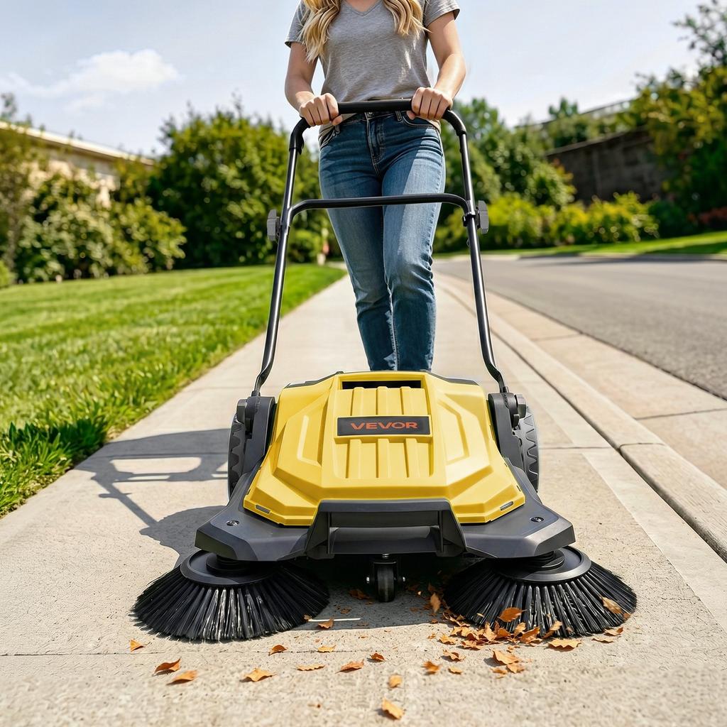 Walk-Behind Hand Push Floor Sweeper, Manual Floor Sweeper Non-Electric with 650mm Sweeping Width, 18.9L Waste Container & Adjustable Folding Handle