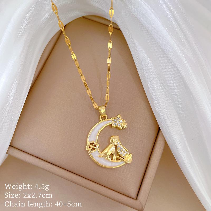 Titanium Steel Moon Pendant Necklace: Elegant Full Diamond Micro-Pave Design, Sparkling and Stylish for Women.