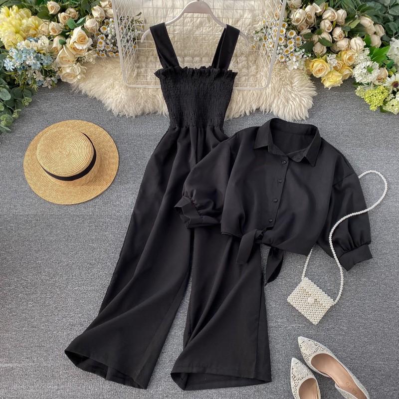 

Women s Suspender Wide Leg Jumpsuit+stand Up Collar Short Sleeved Cardigan Shirt Two-piece Set One Size