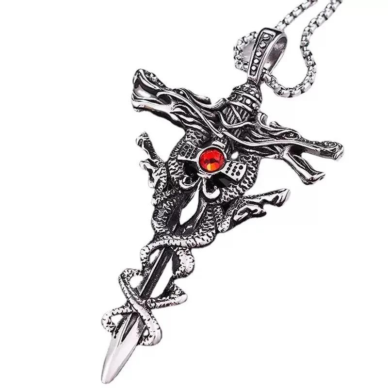 Punk Fashion Titanium Steel Necklace for Men Alloy Double Dragon Sword Pendant Choker Ring Vintage Evil Eye Cross Jewelry Gift