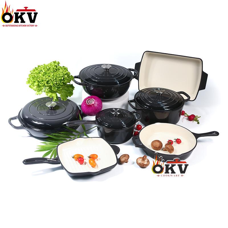 Emaljerat gjutjärn 7-delars set: Soppgryta, Mamma-gryta, Stekpanna, Non-stick-panna