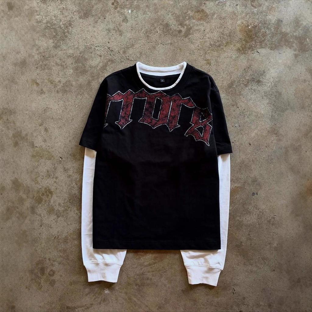 Cross-Border Autumn Patchwork Long Sleeve Retro Streetwear T-shirt