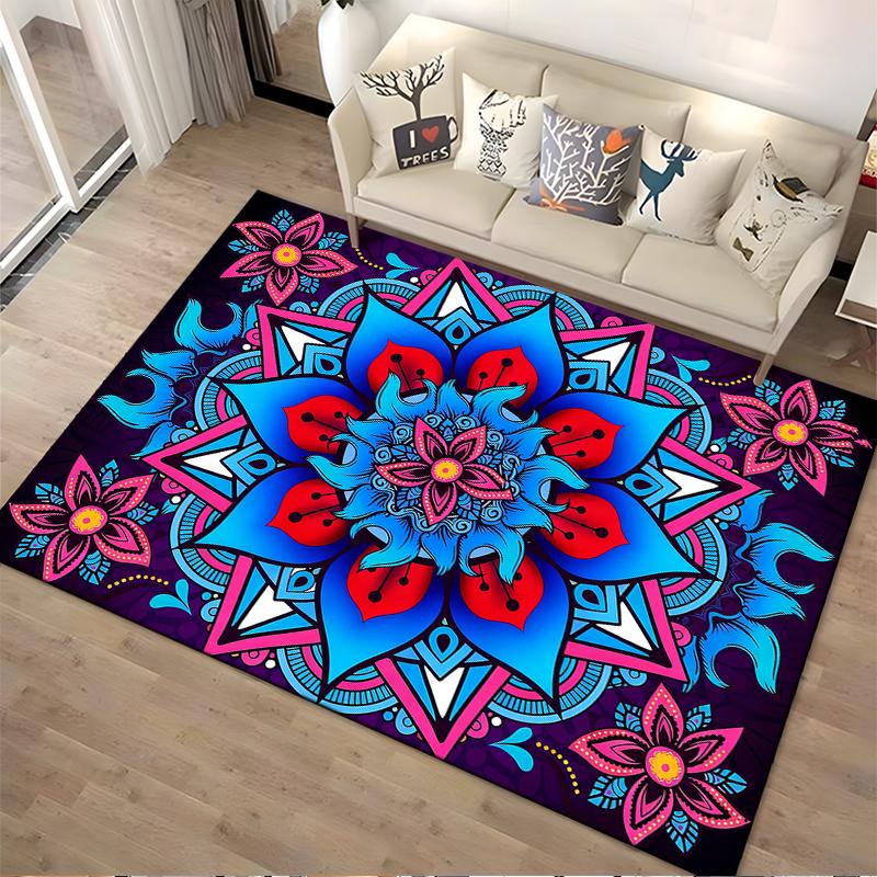 Colorful Mandala Pattern Carpet with Blue and Pink Floral Design Suitable for Use As an Anti-slip for Living Room Bedroom Sofas