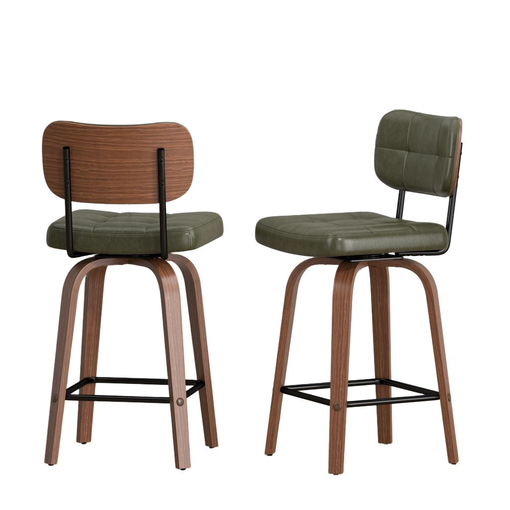 Curve Bar Stool - Swivel PU-Upholstered Stool with Curved Wood Sickle Backrest & Metal Frame, 360 degrees Swivel, Set of 2