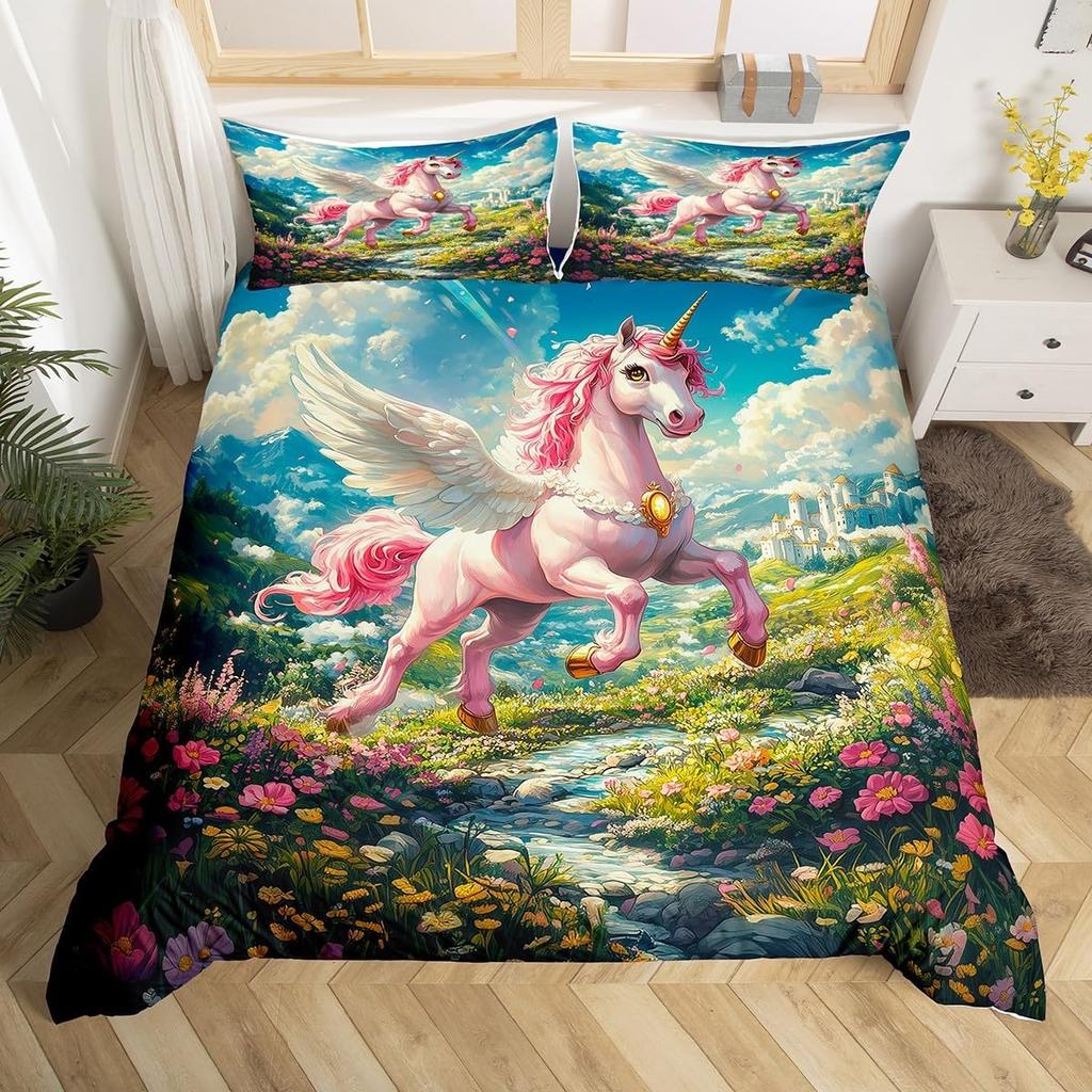 Einhorn Pferd Bettbezug Set Queen Size Träumerisches Regenbogen Bettwäsche 3 Teile Kinder Teenager Buntes Funkelndes Galaxie Set 2 Kissenbezüge