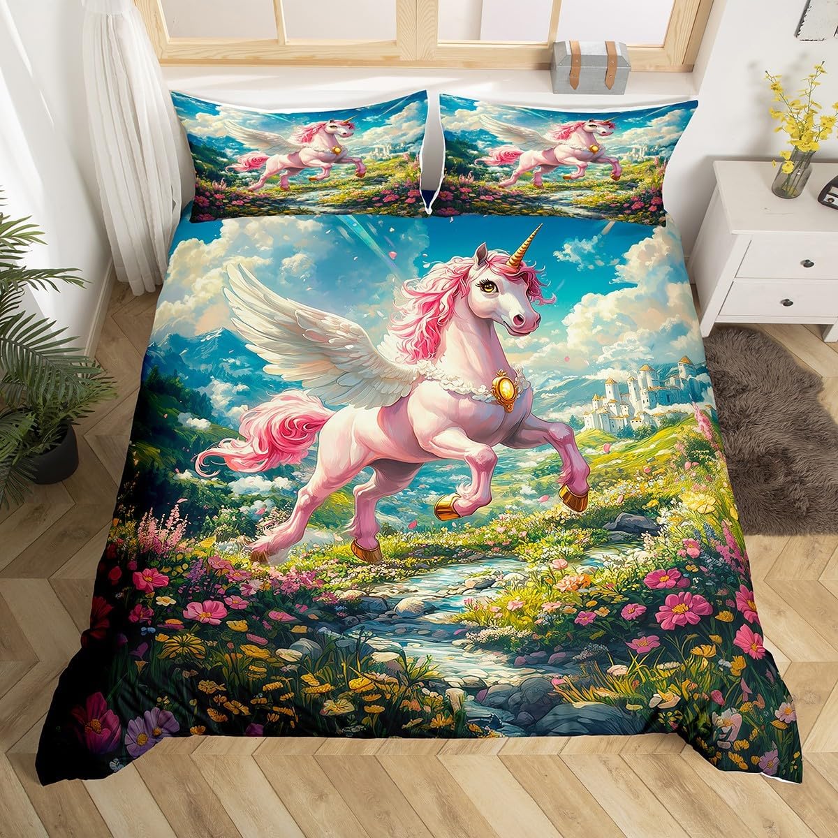 

Unicorn Horse Duvet Cover Set Queen Size Dreamy Rainbow Bedding 3 Pcs Kids Teens Colorful Sparkling Galaxy Set 2 Pillowcases EU Single(135x200cm)