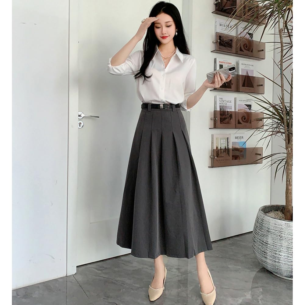 KANO SEIKA Pleated Long Skirt with Uniform Elastic High Loose Plus Sizes Simple Perfect for Everyday and Solid Size L Women's Belt, Skirt, Waist,