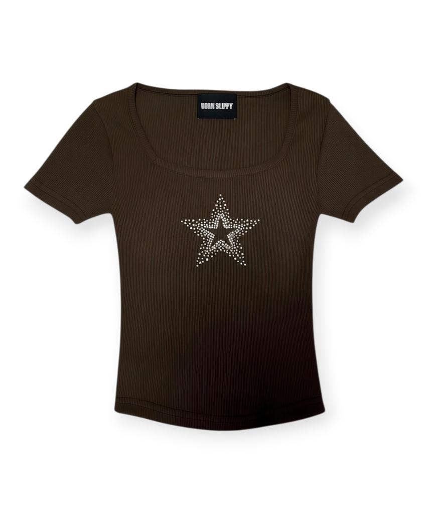 BORN SLIPPY Crystal Star Square Neck Tee (Brown)