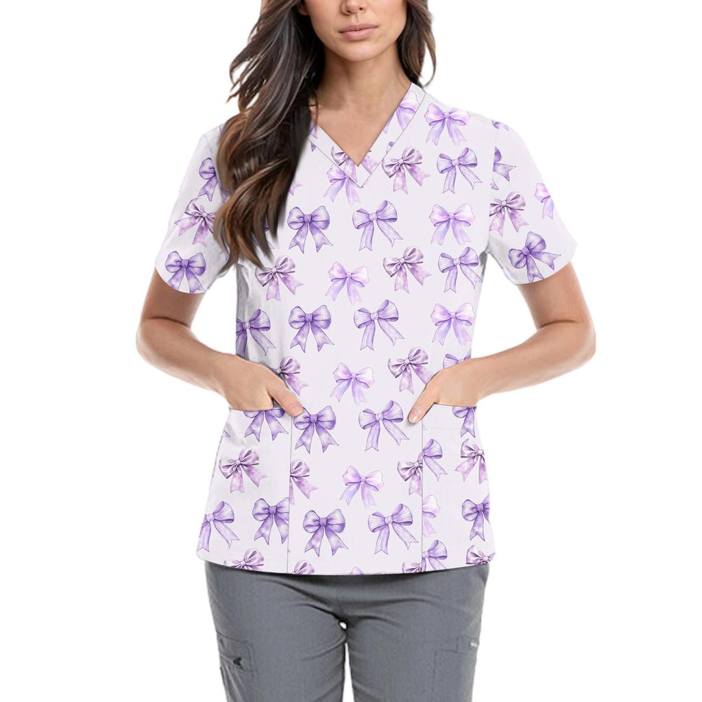 Women's Cute Bow Printed Work Clothes V-neck Double Layer Pockets Basic Short Sleeve Top Pullover