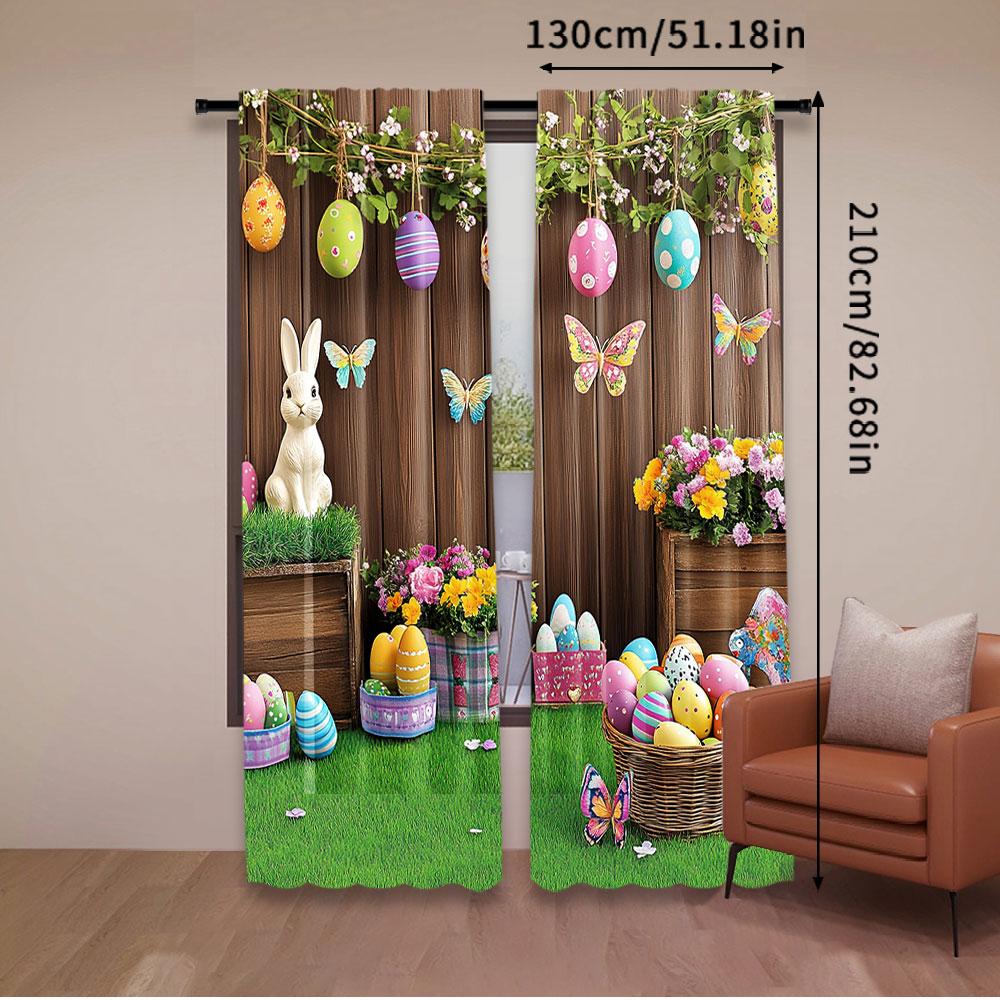 Set Of 2 Rustic Spring Easter Day Curtain Egg Rabbit Flower Butterfly Window Drapes Party Decoration Made Polyester