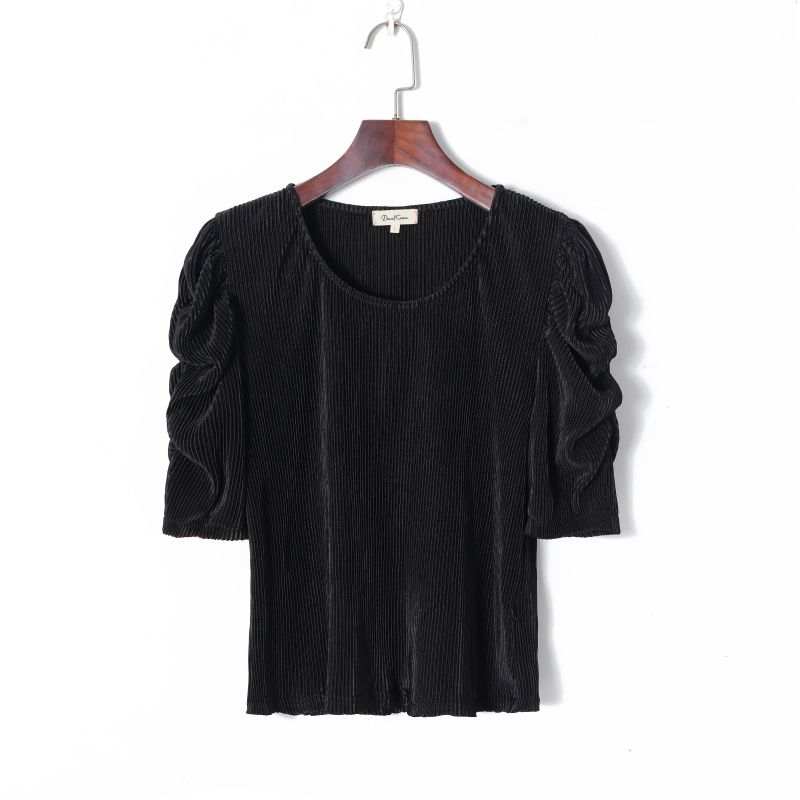 

Летняя женская плиссированная футболка с короткими рукавами, рукава-буфы, круглый вырез, модный ветер, удлиненная версия, эластичная, прямая, модные топы Black L
