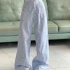 Summer Blue Striped Bowknot Embroidered Casual Pants - Design-Forward Button-Trim Loose Lightweight Wide-Leg Trousers
