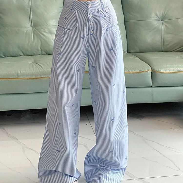 Summer Blue Striped Bowknot Embroidered Casual Pants - Design-Forward Button-Trim Loose Lightweight Wide-Leg Trousers