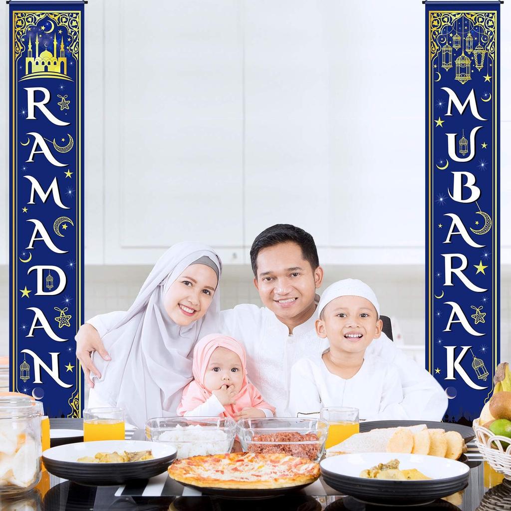 Blulu Ramadan Mubarak Door Banner Ramadan Porch Sign Banner Eid Mubarak Decoration Muslim Hanging Door Decoration for Indoor Outdoor Decor Eid