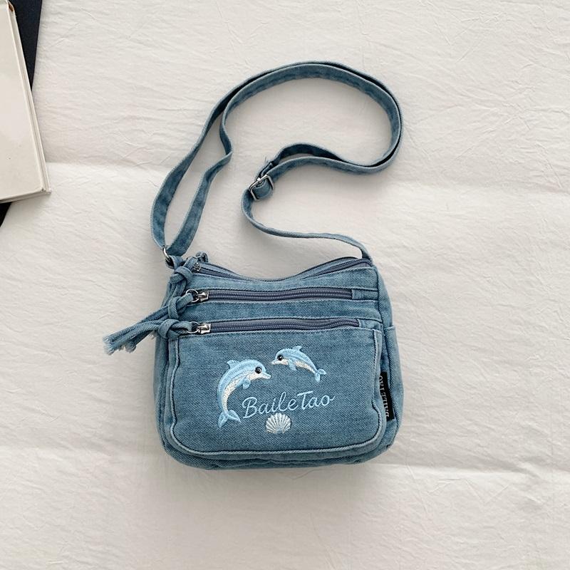 Vintage Denimtasche Damen Mehrschichtig Kleine Tasche Bestickt Schulter Crossbody-Tasche