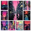 1pc Canvas Painting Retro Japan Cat City Pop Art Purple Street Posters and Prints Canvas Printing Wall Picture Room Decoration