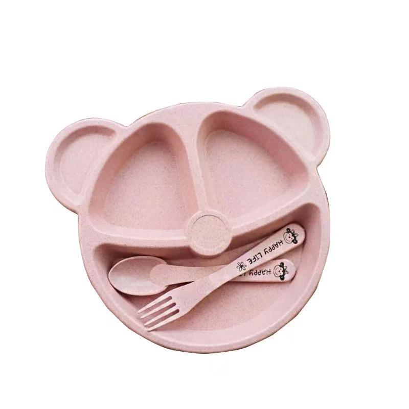 Wheat Bear Kids Dinner Set: Creative Compartment Plate, Breakfast Plate, Fork & Spoon for Babies
