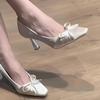 Fashion Bowknot High Heels for Women Spring and Summer New Square Head Temperament Pumps Party Shallow Mouth Beige Heeled Single Shoes