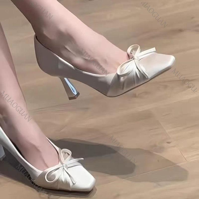 Fashion Bowknot High Heels for Women Spring and Summer New Square Head Temperament Pumps Party Shallow Mouth Beige Heeled Single Shoes