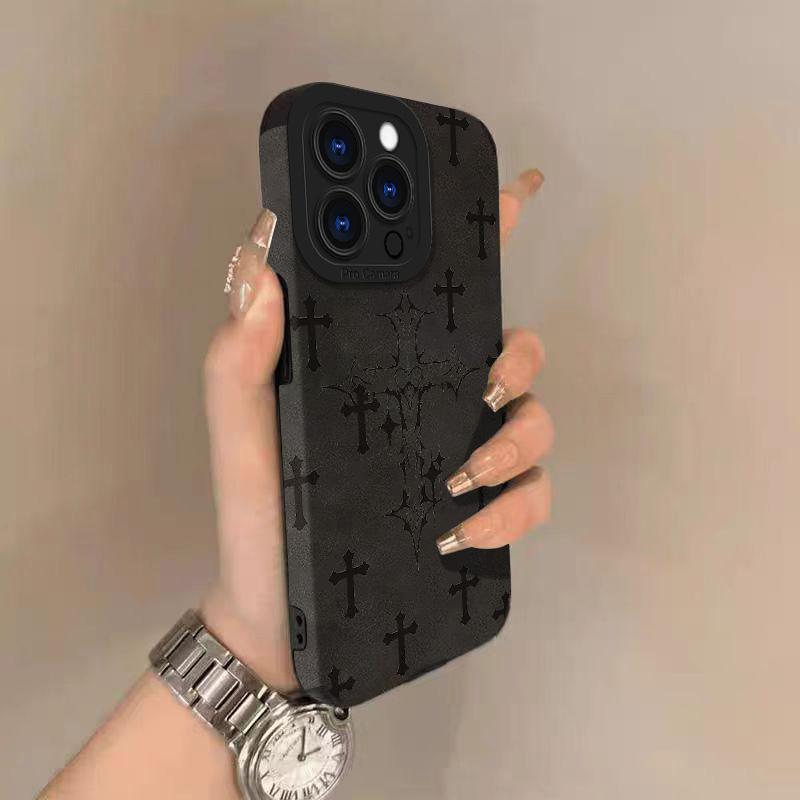 Black Cross Lambskin Leather Phone Case For iPhone 17 Pro Max Air 16 16e 15 14 13 12 11 Pro Max Plus X XS MAX XR Back Cover