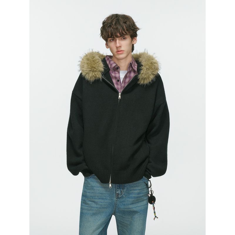 Dream Made American Style Detachable Fur Collar Hooded Cardigan Sweater Jacket Men's Autumn and Winter Couple Knitwear