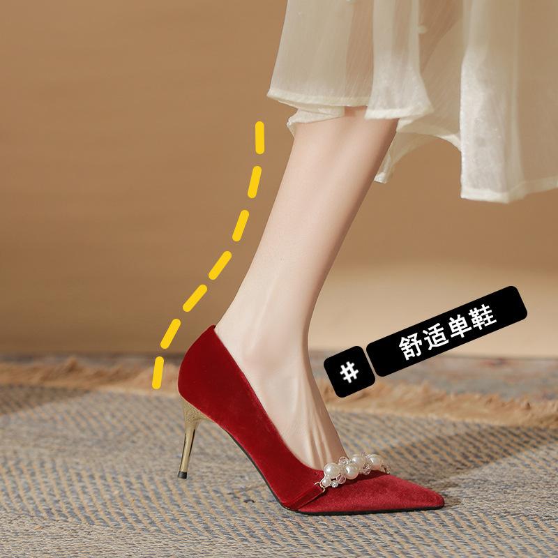 Wedding shoes Xiuhe high-end sexy pointed high-heeled women's thin-heeled pearl single shoes temperament socialite high-heeled suede