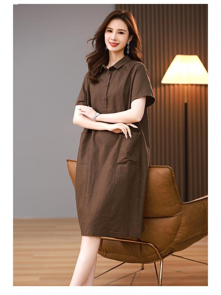 Chic Purple Cotton-Linen Dress for Middle-Aged Women - Summer Solid Color with Small Lapel