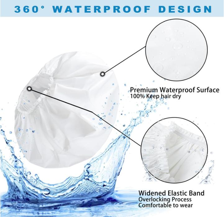 Two-Piece Extra-Large Waterproof Bath Cap Set, Reusable for Long Hair, Thick Curls, and Braided Styles (Black + White)