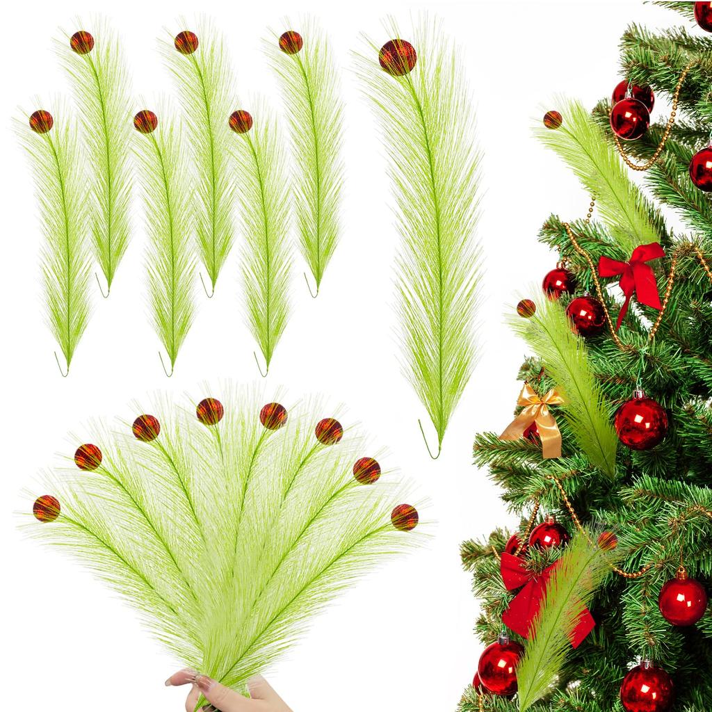 10Pcs Christmas Tree Decorations Picks with Red Ball Xmas Artificial Green Stems Christmas Home Wreath Craft Decoration Supplies