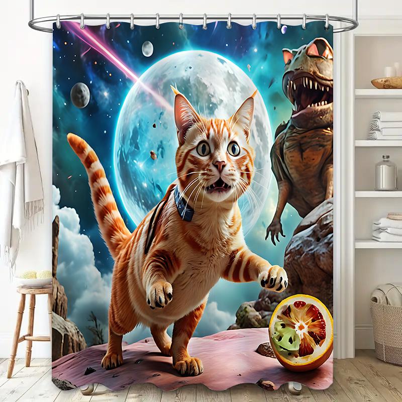 Kreativer Katzen- und Dinosaurier-Duschvorhang für Kinder und Haustiere - Lebendiges und lustiges Design - Perfekt für Badezimmer zur Aufwertung des Raumes