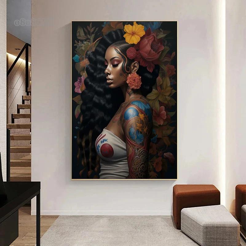 Afro Girl with Flowers Wall Art Pictrues African Beauties Flowers Fashion Canvas Painting Prints Posters for Living Room Decor