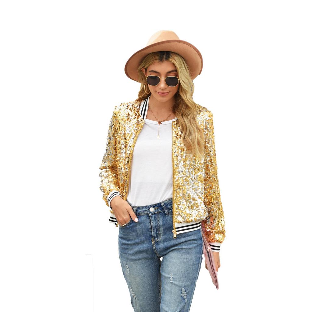 Women Bomber Gradient Color Sequins Baseball Jacket Ong Sleeve Short Coats Elegant Solid Female Tops Female Ladies Office Wear