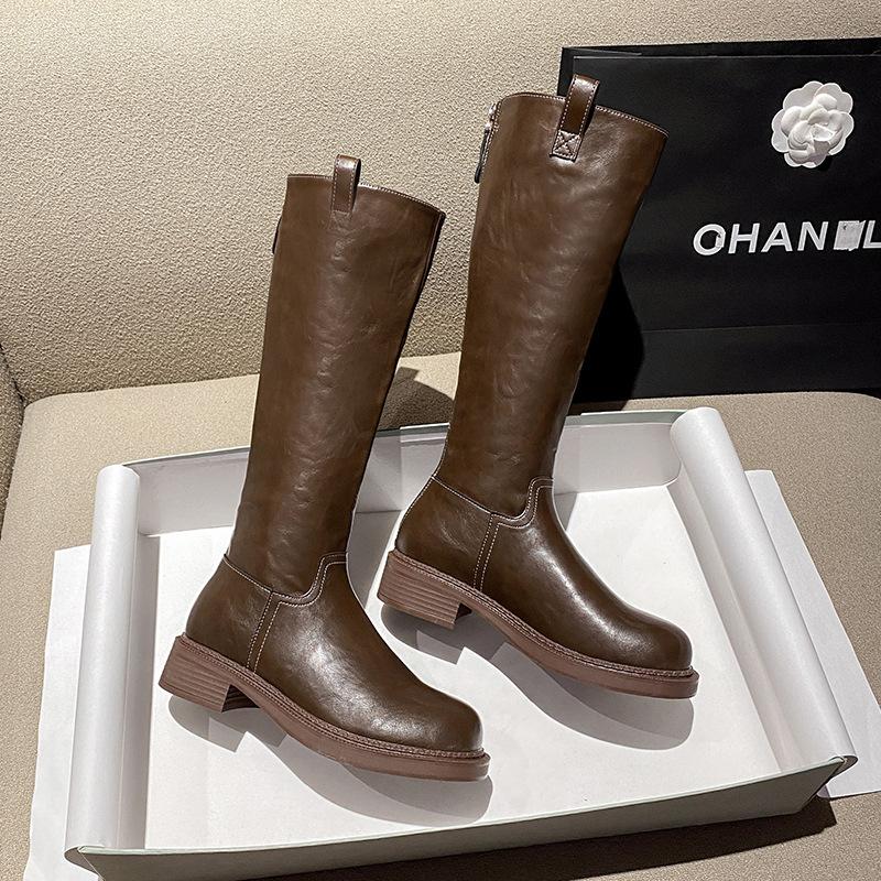 Cowhide version~ French retro pleated thick-soled long knight boots female British style versatile and thin leather high boots