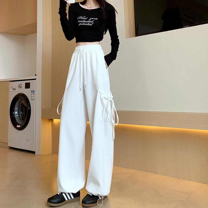Pink Sports Pants for Women In Spring and Autumn New High-waist Loose Lace-up Bow Straight-leg Pants Design Sense Casual Wide-leg Pants