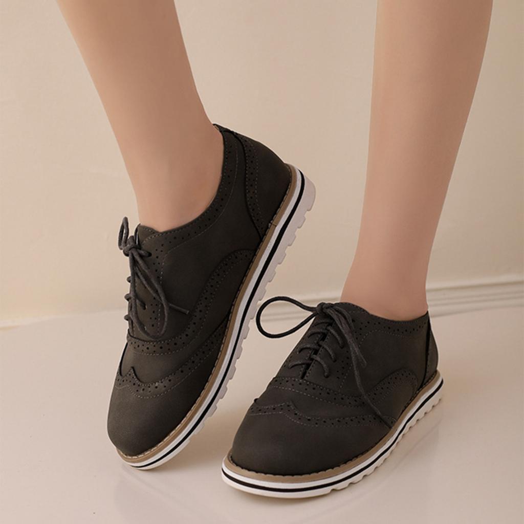 Oxford Flats Shoes Women Leather Comfort Lace Up Lady Brogue Derby Designer Vintage Casual Platform Shoes Women Sneakers