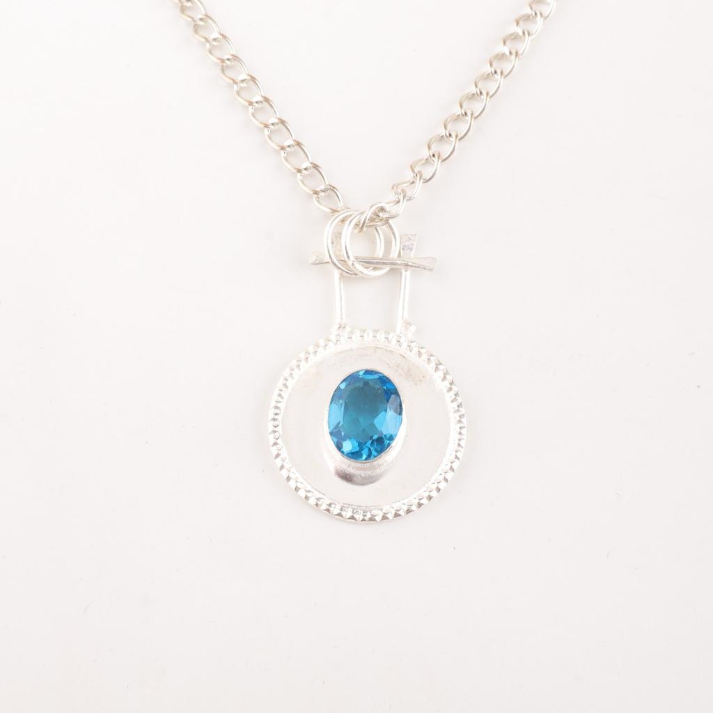 Swiss Blue Topaz Gemstone 925 Stamped Silver Jewelry Handmade Women Pendant 1.4" PP-57-3
