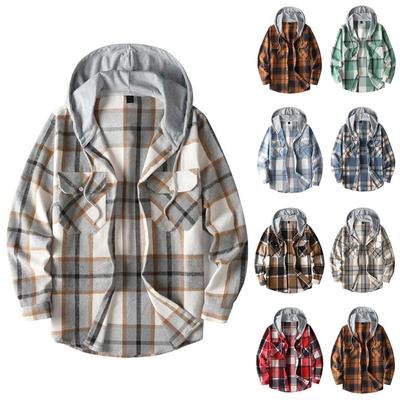 Men's Striped Plaid Casual Loose Button Lapel Long Sleeve Hooded Cardigan Shirt Jacket
