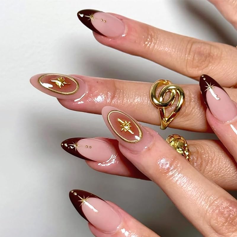 Pink French Tip Press on Nails Medium Almond Fake Nails with 3D Flower Designs Glossy Acrylic False Nails Golden Bead Artificial Glue on Nail