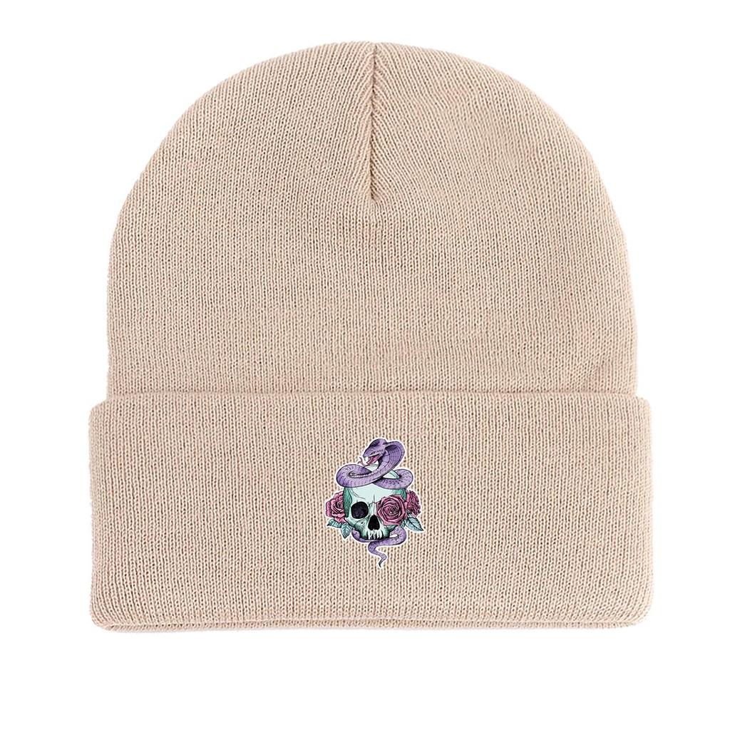 Skull Snake Rose Warm Knitted Cap Beanie, Scary Animal Woman Cap Cozy Slouchy Solid Bonnet Knitted Cap Beanie