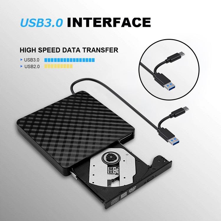 Externá DVD napaľovačka s dvoma USB portami: Optická jednotka pre stolný počítač, notebook a mobilné zariadenie.