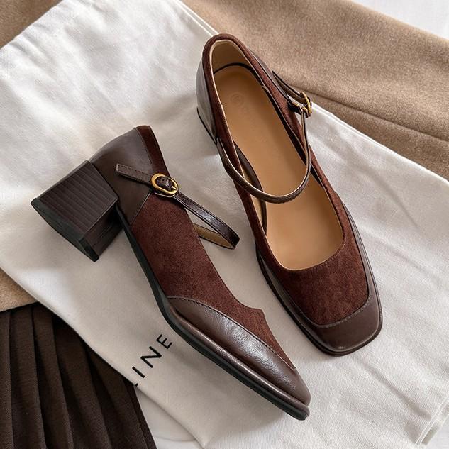 Sheepskin version~ retro leather one-word buckle Mary Jane shoes women's thick high-heeled square head shallow mouth splicing single shoes