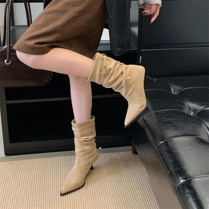 2025 Autumn and Winter New Fashion Versatile Pointed Heel Suede French Thin Short Boots Fashion Buckle Khaki