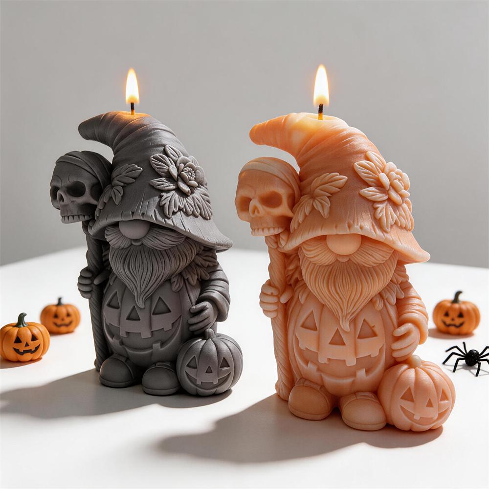 Happy Halloween Gnome Silicone Mold Pumpkin Gnomes Soy Wax Candle Mold Resin Skeleton Plaster Mould for Haunted House Prop Decor