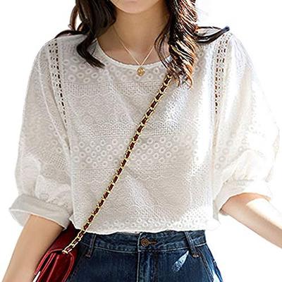 Yino Women's Lace Shirt Blouse with Floral Embroidery, Short Sleeves, U-Neck, Openwork Knit, Slimming, Cute, Stylish, Voluminous Sleeves, Feminine, Ca