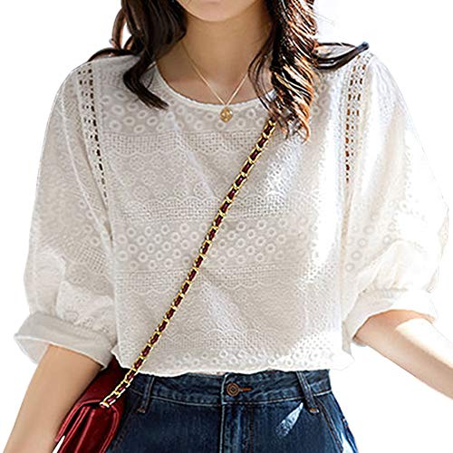 

Yino Women s Lace Shirt Blouse with Floral Embroidery, Short Sleeves, U-Neck, Openwork Knit, Slimming, Cute, Stylish, Voluminous Sleeves, Feminine, Ca
