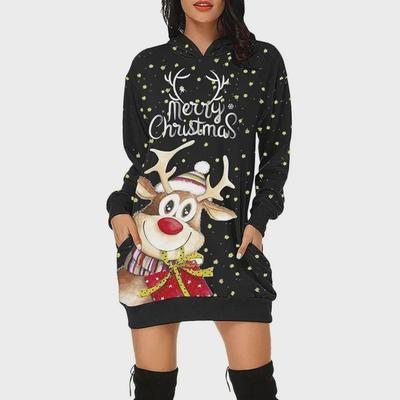 2021 Autumn Women's Long Sleeve Christmas Print Hooded Sweater Dress