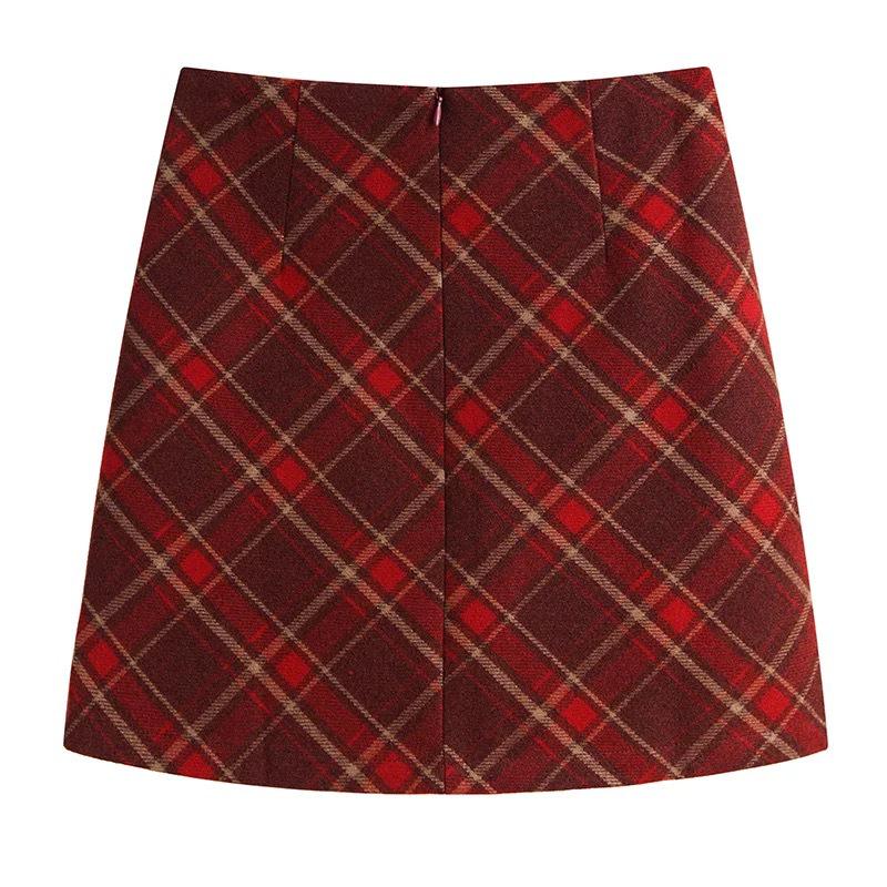 Women's Red Plaid High-Waisted Woolen A-line Skirt - Autumn/Winter 2025 Collection