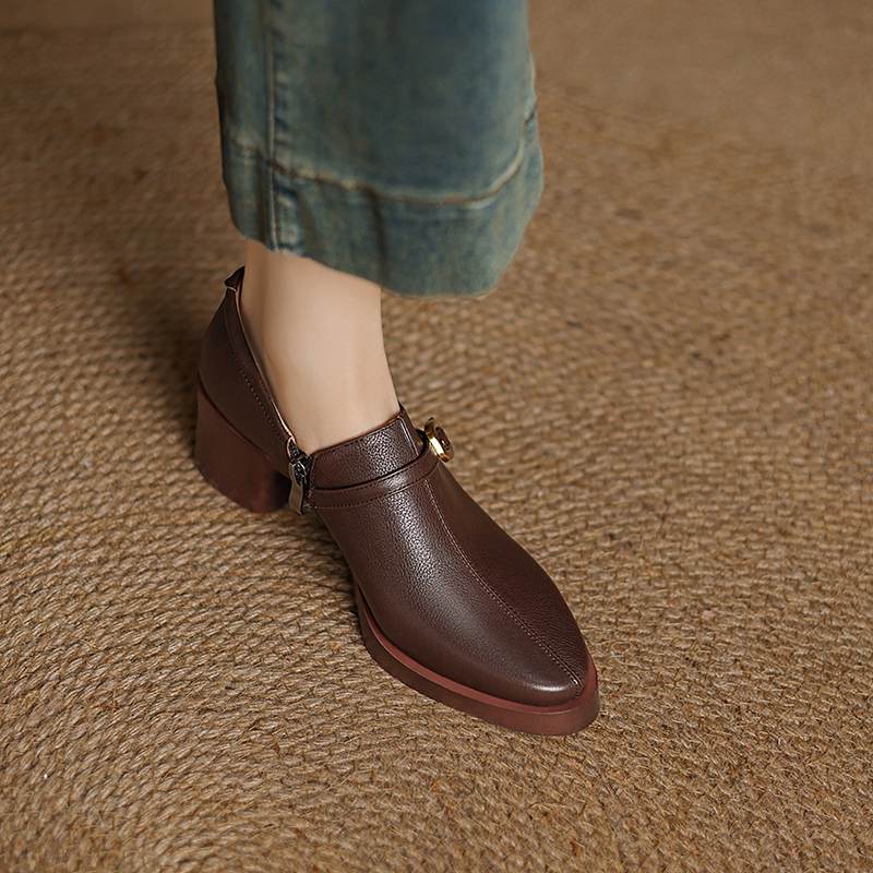 Krazing Pot Cow Skin Autumn Winter Shoes Chunky Heels Size 43 Size 42 Round Toe Zipper Deep Mouth Retro Fashion Pumps